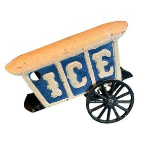 Antique Cast Iron White & Blue Ice Horse Drawn Wagon Toy